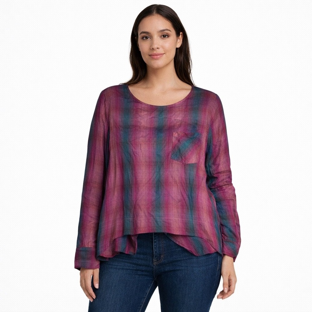 Cloth & Stone Plaid Long Sleeve Lace Up Back Shirt Top Women's Small‎ Pink Teal